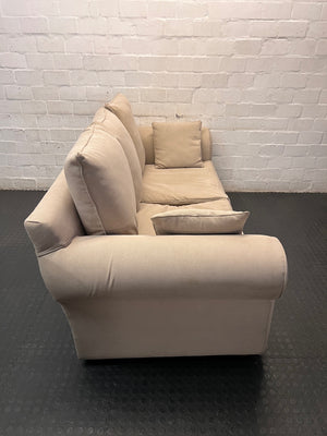 Beige Upholstered 2 Seater Couch with Rolled Arms — Very Good Condition – back view