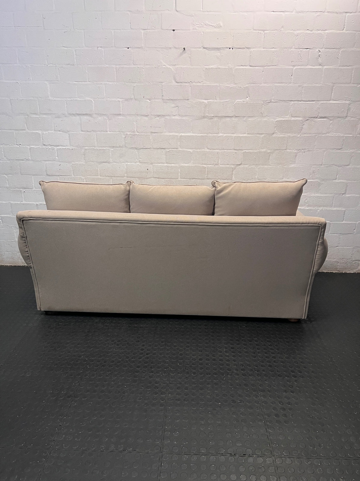 Beige Upholstered 2 Seater Couch with Rolled Arms — Very Good Condition – condition detail