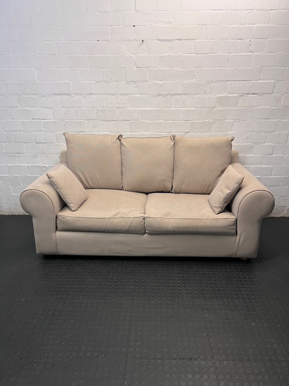 Beige Upholstered 2 Seater Couch with Rolled Arms — Very Good Condition – top view