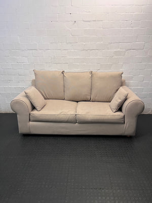 Beige Upholstered 2 Seater Couch with Rolled Arms — Very Good Condition – top view