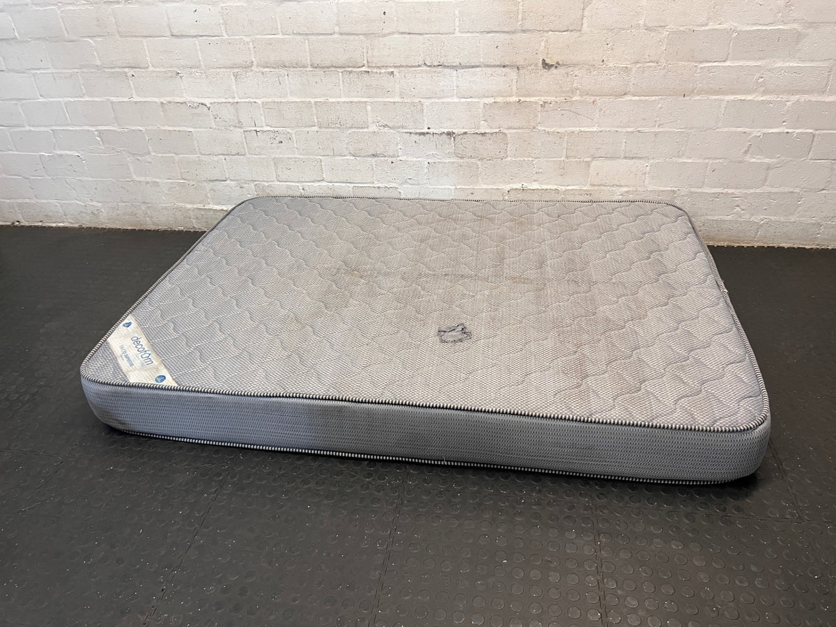 Grey Textured Double Mattress — Stained Surface with Hole in Fabric – condition detail