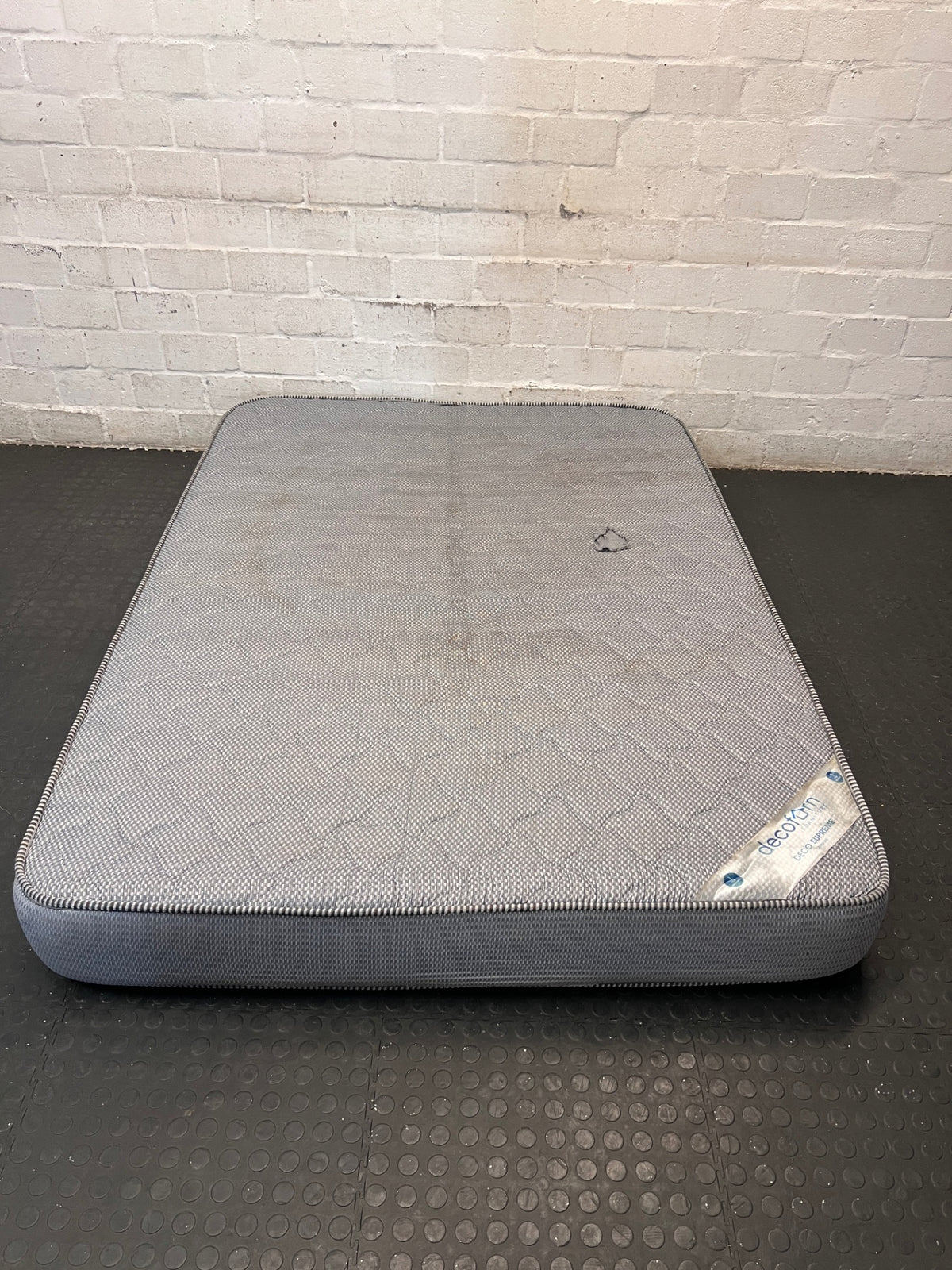 Grey Textured Double Mattress — Stained Surface with Hole in Fabric – main front view
