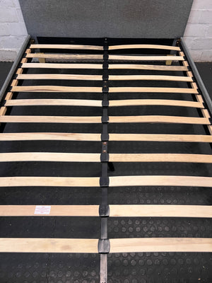 Decofurn Grey Upholstered Double Bed Frame — Torn Mattress and Slatted Base – condition detail