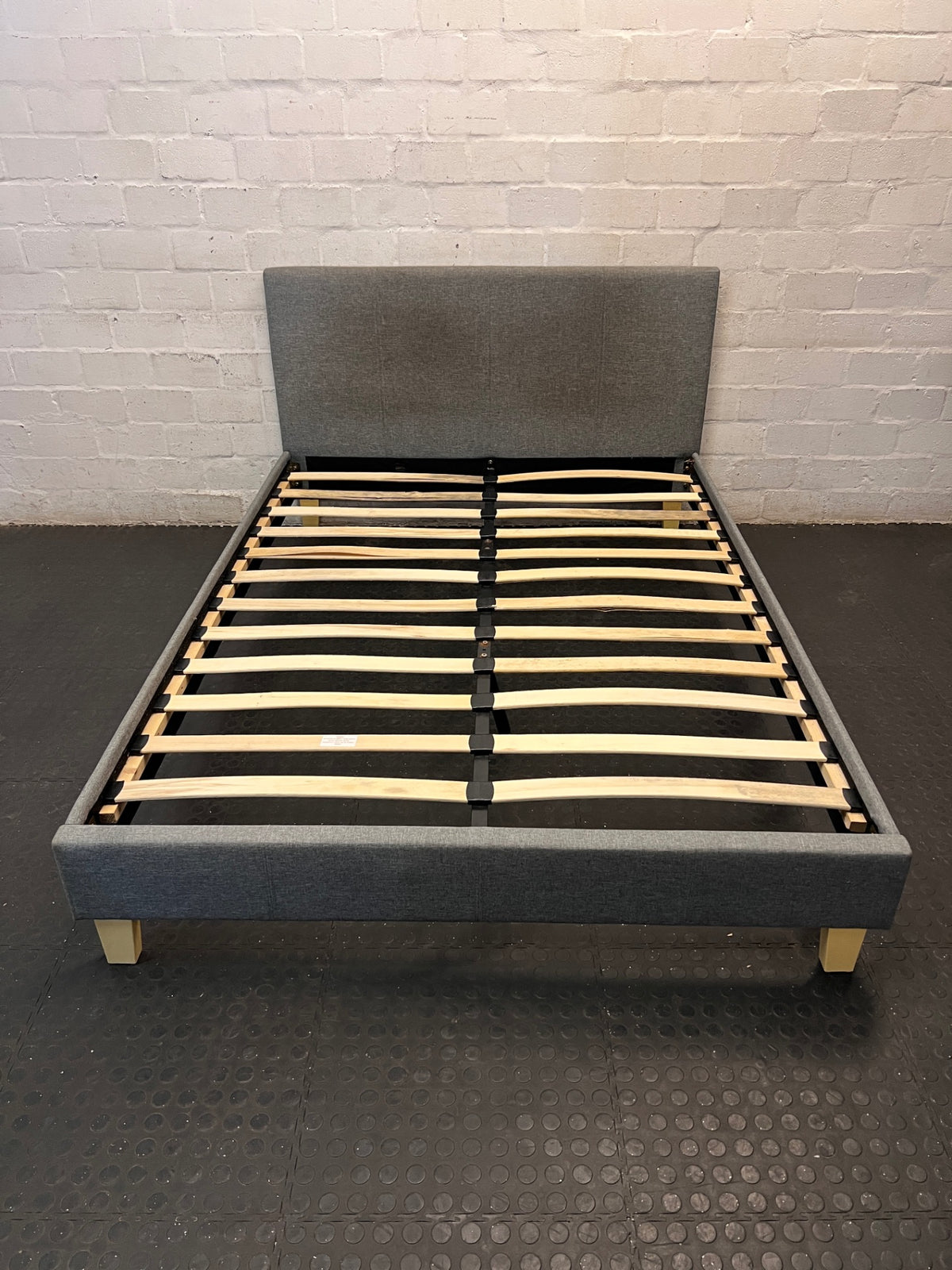 Decofurn Grey Upholstered Double Bed Frame — Torn Mattress and Slatted Base – main front view