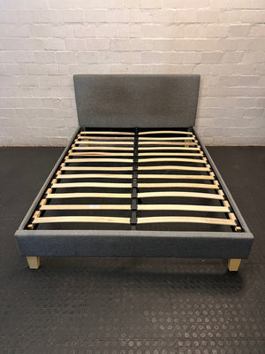 Decofurn Grey Upholstered Double Bed Frame — Torn Mattress and Slatted Base – main front view