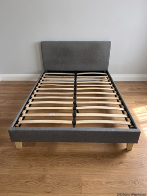 Decofurn Grey Upholstered Double Bed Frame — Torn Mattress and Slatted Base – styled product image