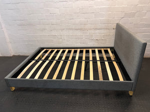 Decofurn Grey Upholstered Double Bed Frame — Torn Mattress and Slatted Base – top view