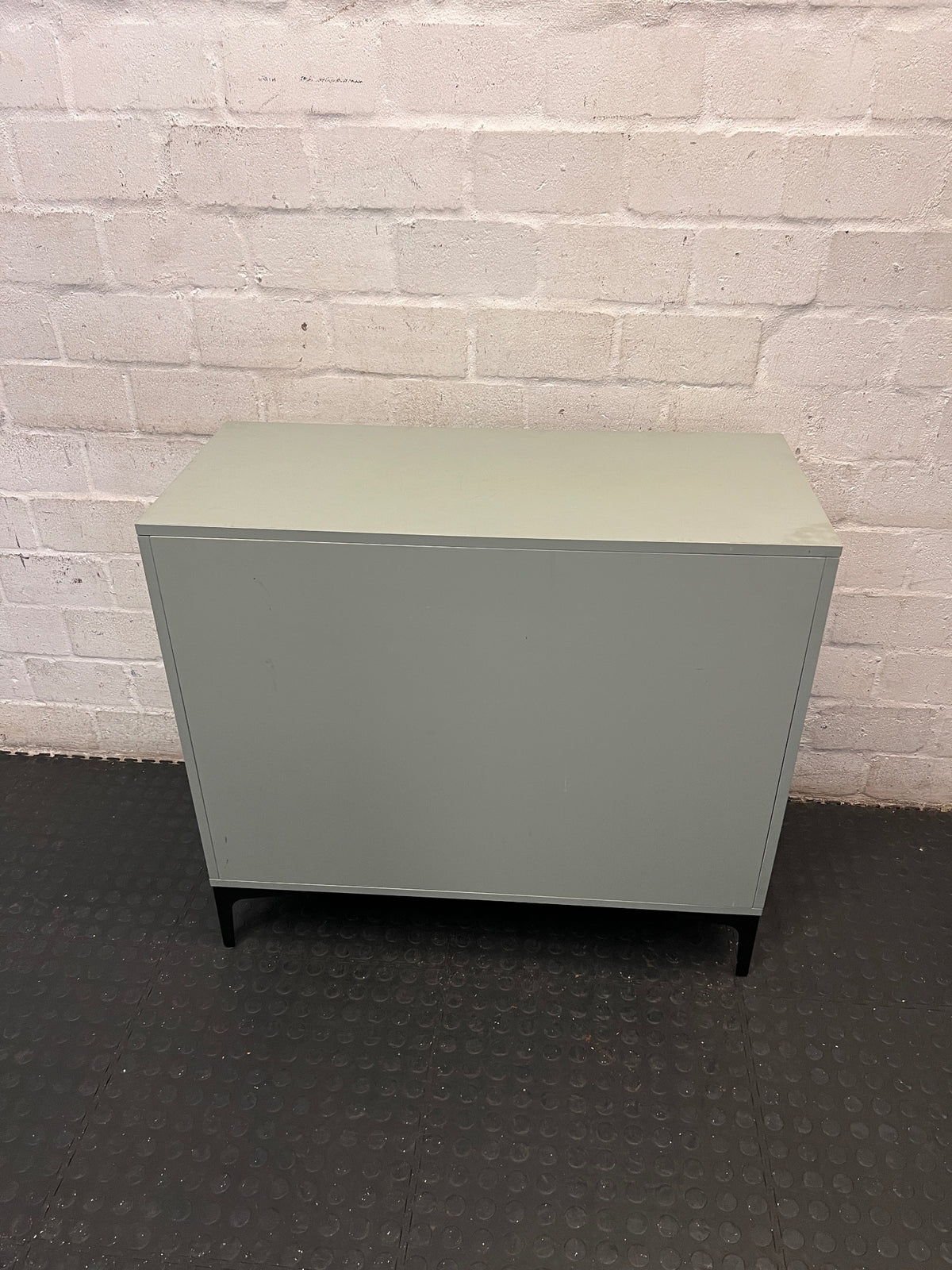 Sage Green 3-Drawer Chest with Black Metal Legs — Good Condition with Safety Locks Attached – back view