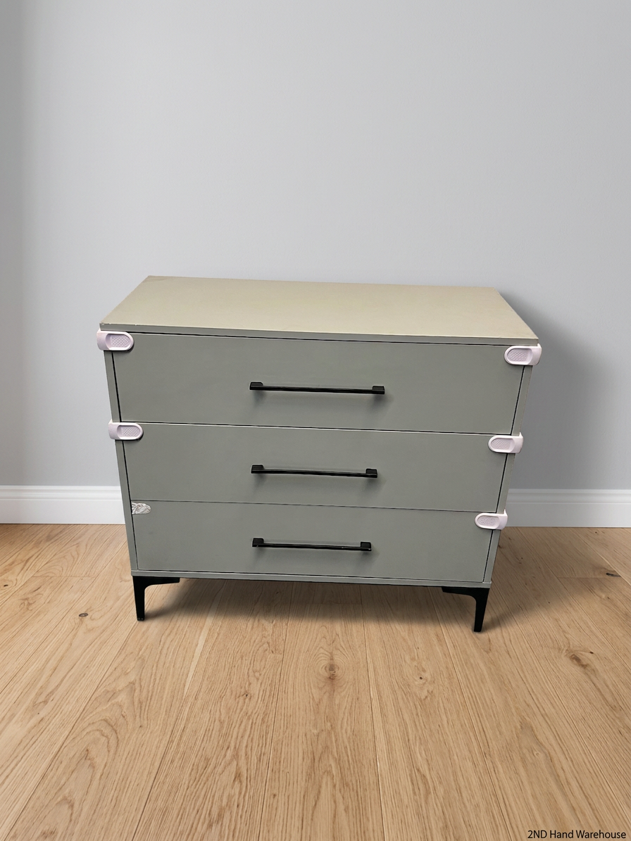 Sage Green 3-Drawer Chest with Black Metal Legs — Good Condition with Safety Locks Attached – styled product image
