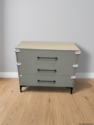 Sage Green 3-Drawer Chest with Black Metal Legs — Good Condition with Safety Locks Attached – styled product image
