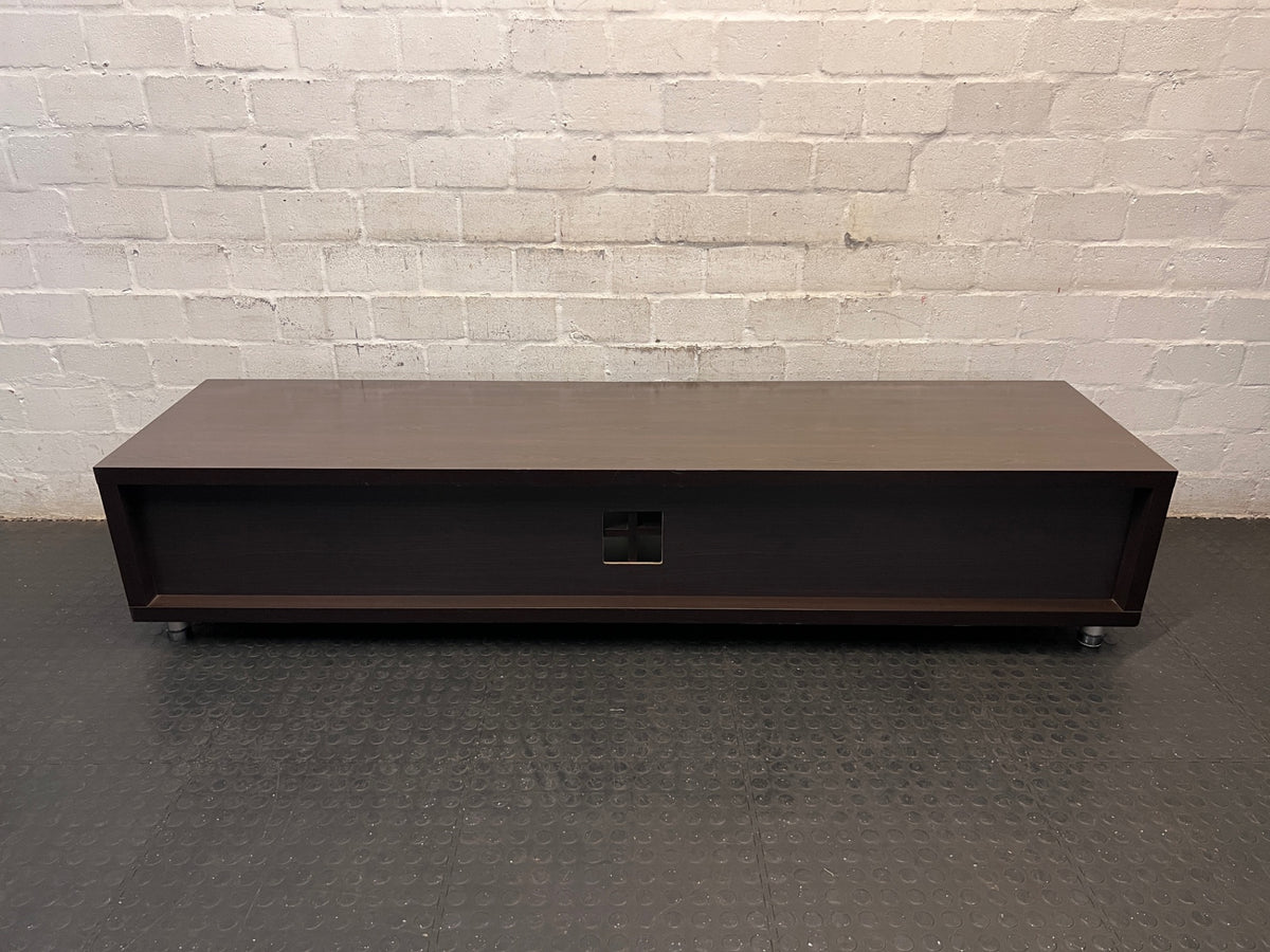Wide Dark Brown TV Unit with Glass Centre Panel — Fair Used Condition – back view