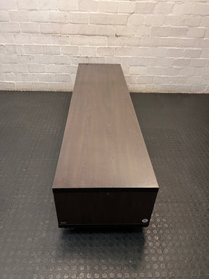 Wide Dark Brown TV Unit with Glass Centre Panel — Fair Used Condition – condition detail