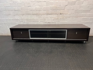 Wide Dark Brown TV Unit with Glass Centre Panel — Fair Used Condition – main front view
