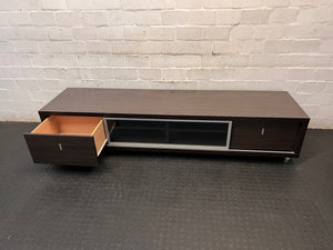 Wide Dark Brown TV Unit with Glass Centre Panel — Fair Used Condition – side view