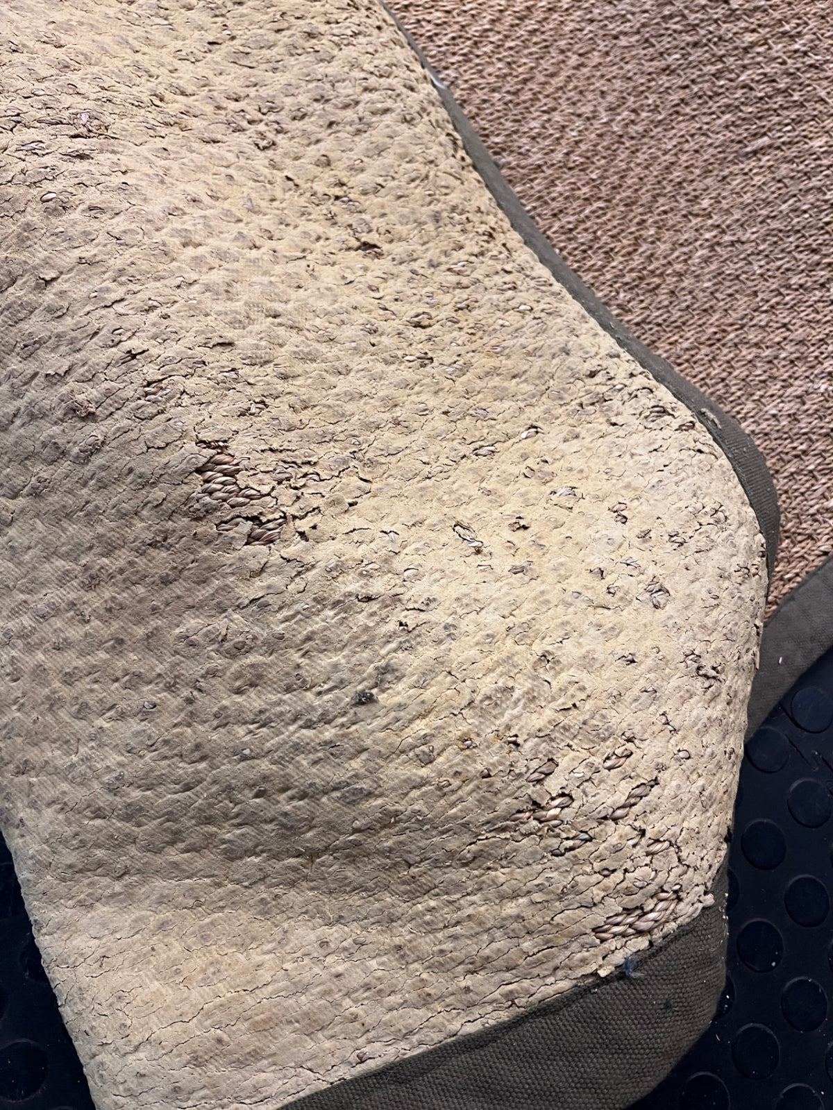 Large Woven Brown Area Rug with Fabric Border — Fair Condition with Visible Wear – back view