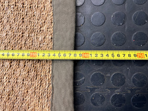 Large Woven Brown Area Rug with Fabric Border — Fair Condition with Visible Wear – height measurement