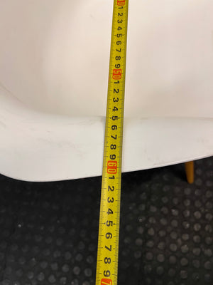 Moulded White Dining Chair with Tapered Wooden Legs — Visible Wear and Surface Marks – width measurement