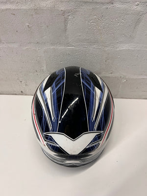 Spirit Blue and Black Graphic Motorbike Helmet — Used; Fair Condition – back view