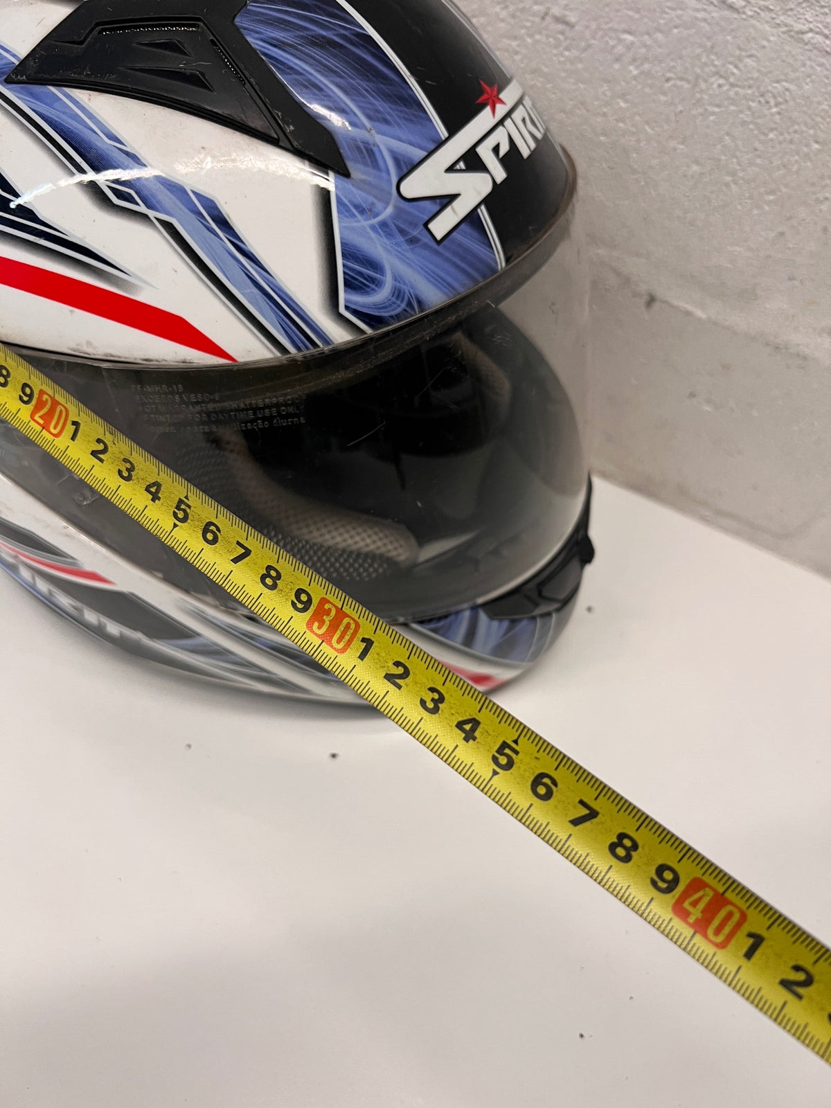 Spirit Blue and Black Graphic Motorbike Helmet — Used; Fair Condition – depth measurement