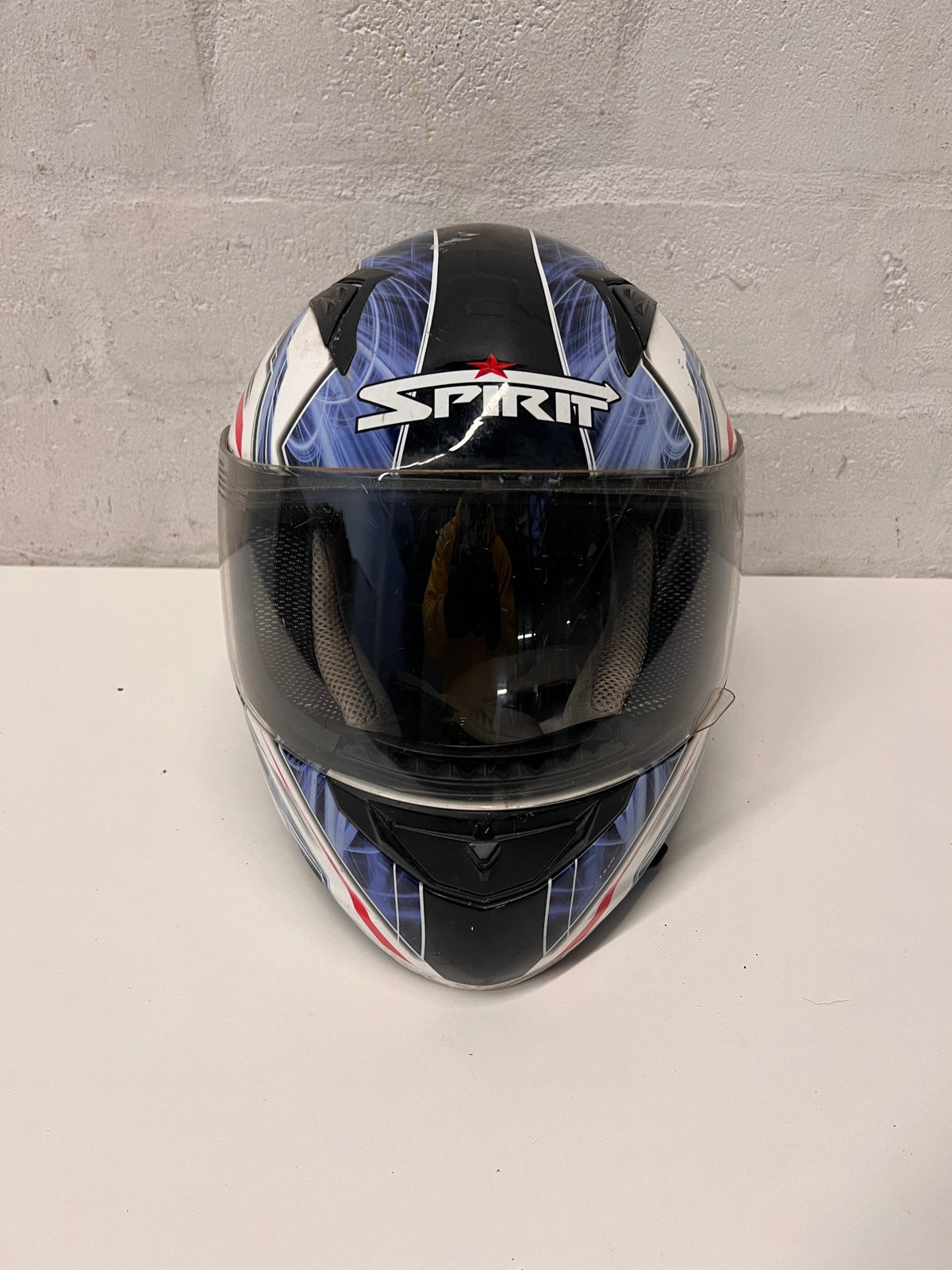 Spirit Blue and Black Graphic Motorbike Helmet — Used; Fair Condition – main front view