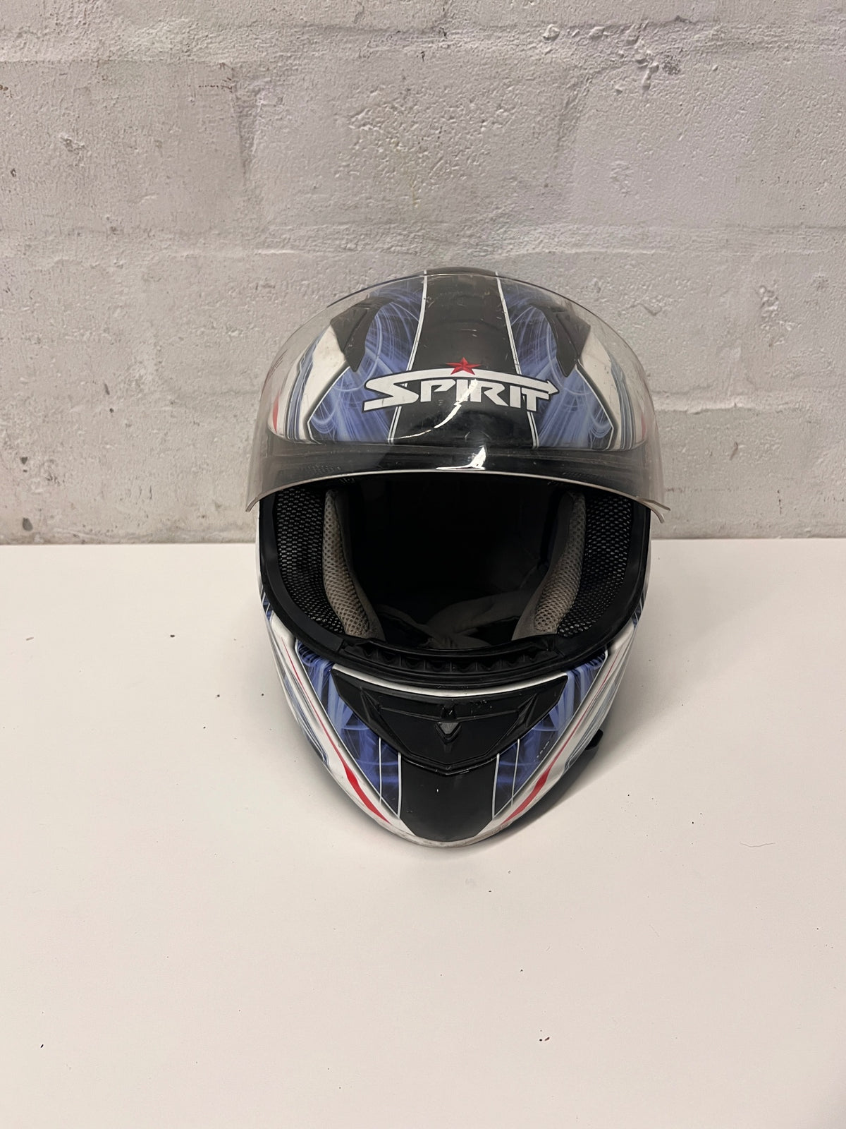 Spirit Blue and Black Graphic Motorbike Helmet — Used; Fair Condition – side view