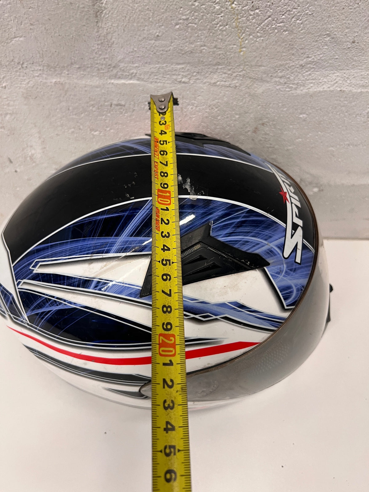 Spirit Blue and Black Graphic Motorbike Helmet — Used; Fair Condition – width measurement