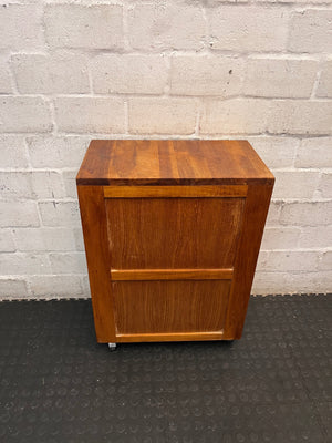Slim Timber Bedside Pedestal on Castors — Fair Condition With Visible Wear – back view