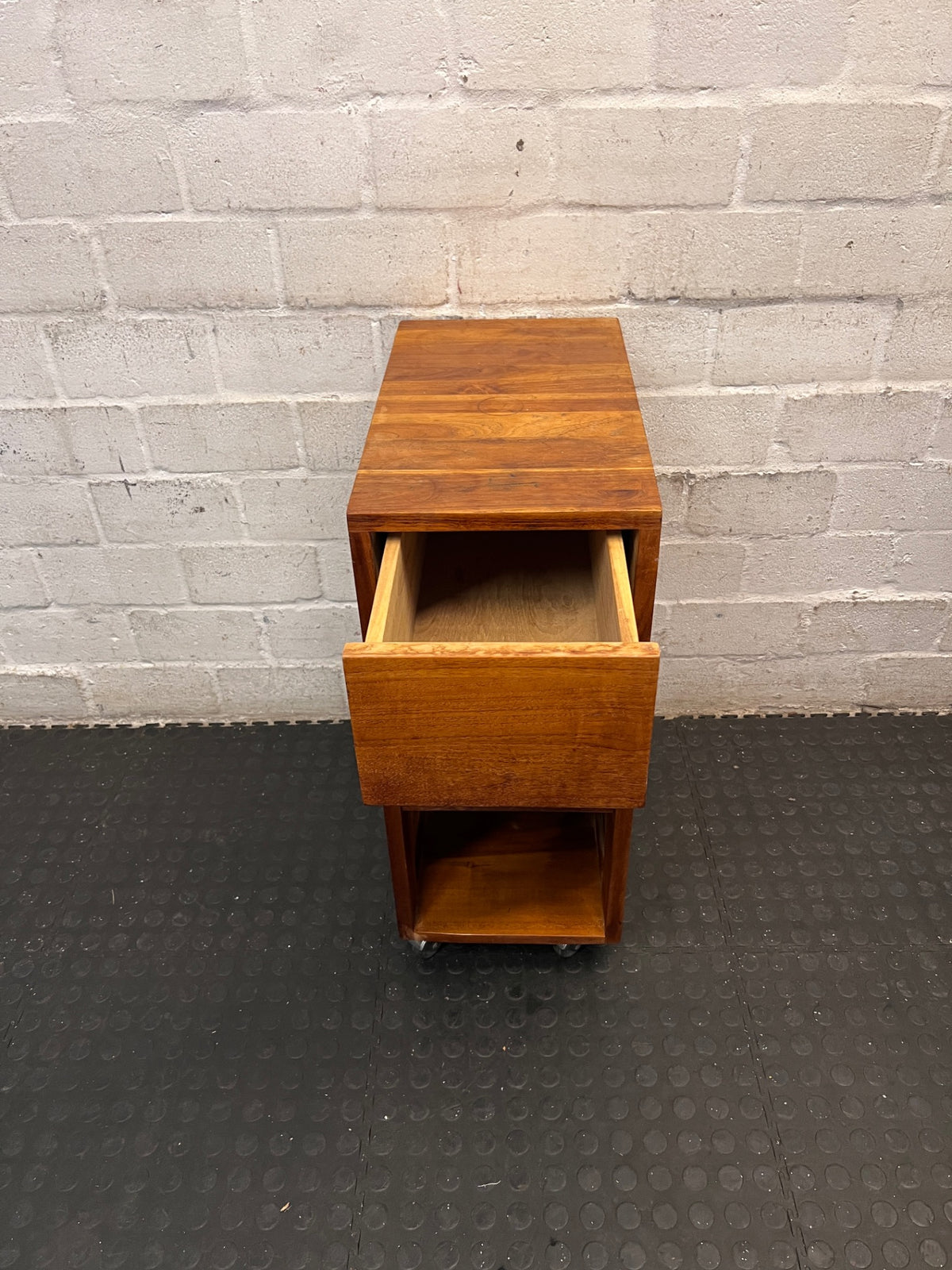 Slim Timber Bedside Pedestal on Castors — Fair Condition With Visible Wear – condition detail