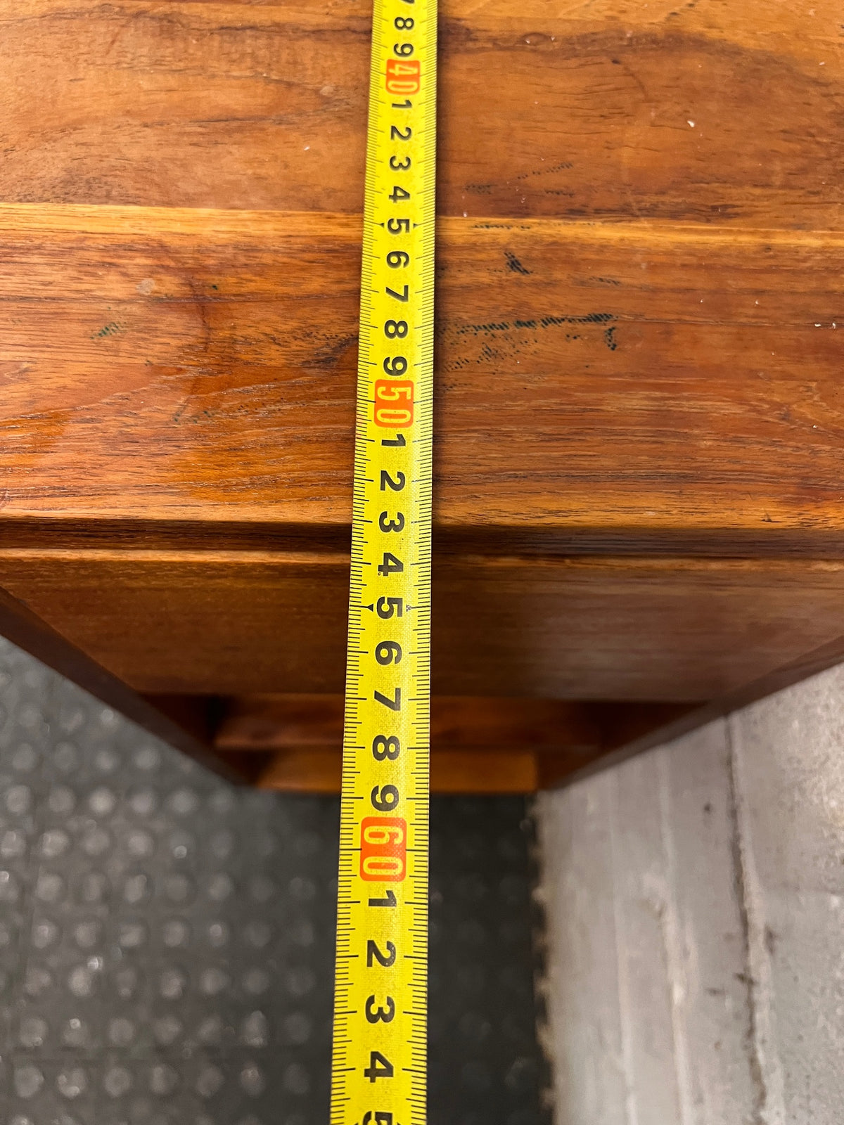 Slim Timber Bedside Pedestal on Castors — Fair Condition With Visible Wear – depth measurement