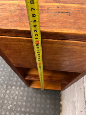 Slim Timber Bedside Pedestal on Castors — Fair Condition With Visible Wear – height measurement
