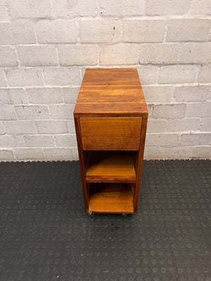 Slim Timber Bedside Pedestal on Castors — Fair Condition With Visible Wear – main front view