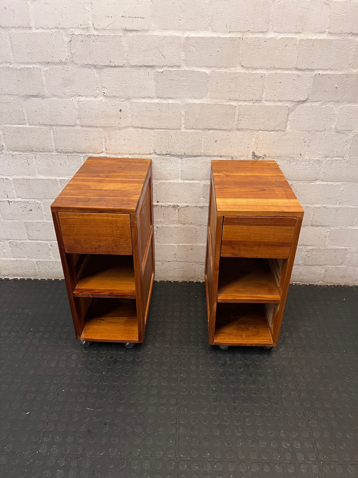 Slim Timber Bedside Pedestal on Castors — Fair Condition With Visible Wear – side view