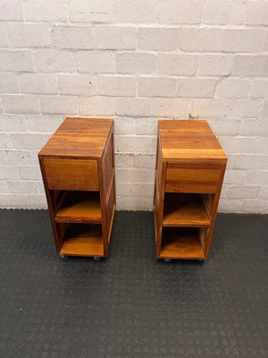 Slim Timber Bedside Pedestal on Castors — Fair Condition With Visible Wear – side view