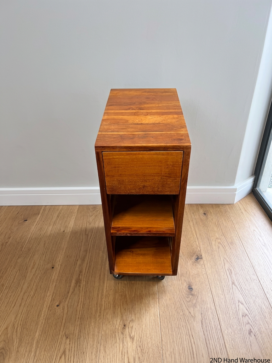 Slim Timber Bedside Pedestal on Castors — Fair Condition With Visible Wear – styled product image