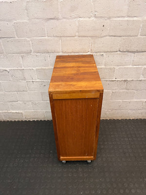 Slim Timber Bedside Pedestal on Castors — Fair Condition With Visible Wear – top view