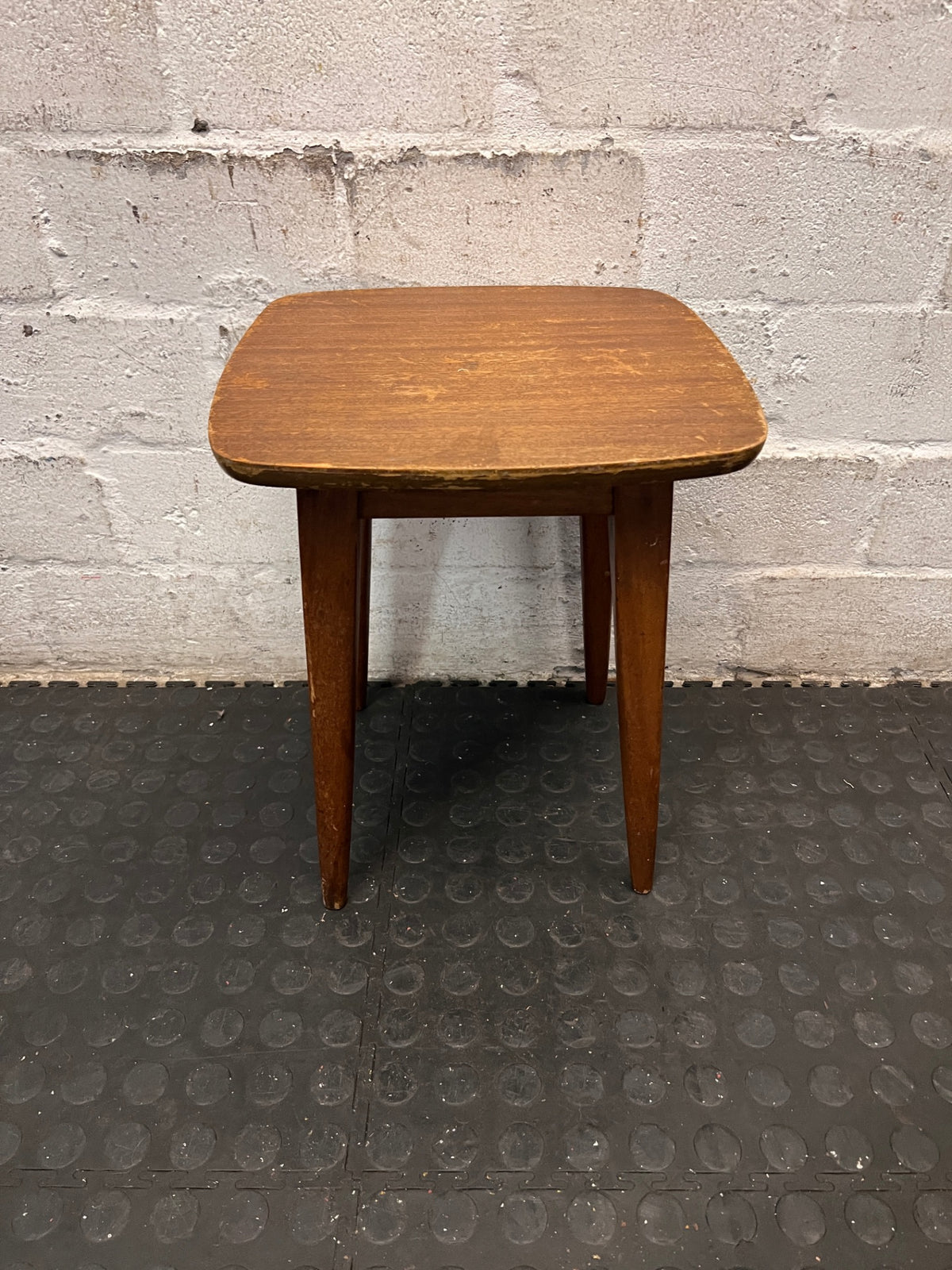 Vintage Tapered Leg Wooden Side Table — Visible Surface Wear and Scratches – back view
