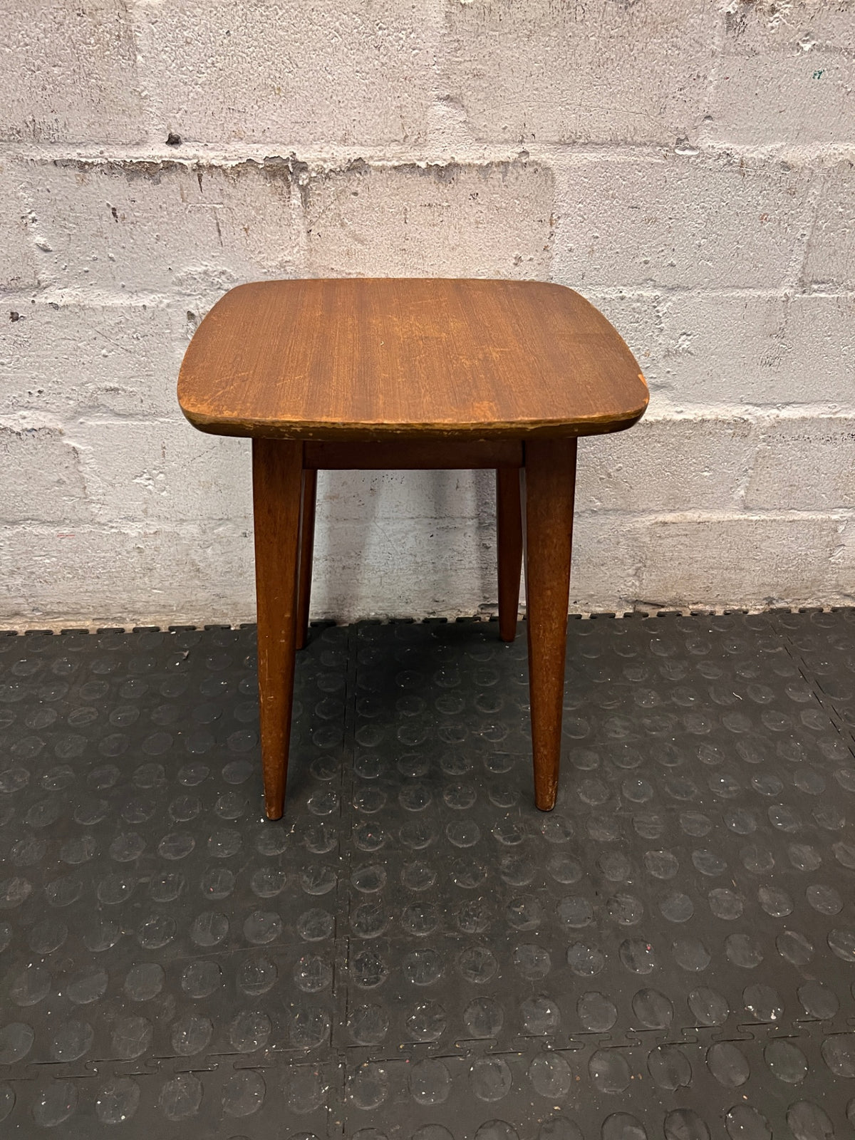 Vintage Tapered Leg Wooden Side Table — Visible Surface Wear and Scratches – condition detail