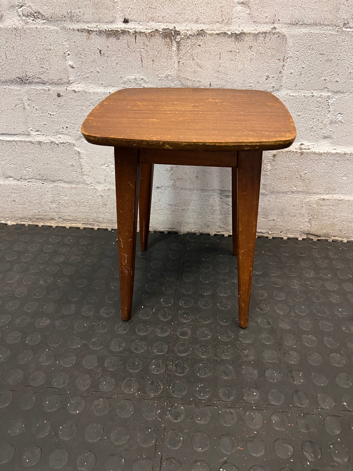 Vintage Tapered Leg Wooden Side Table — Visible Surface Wear and Scratches – main front view