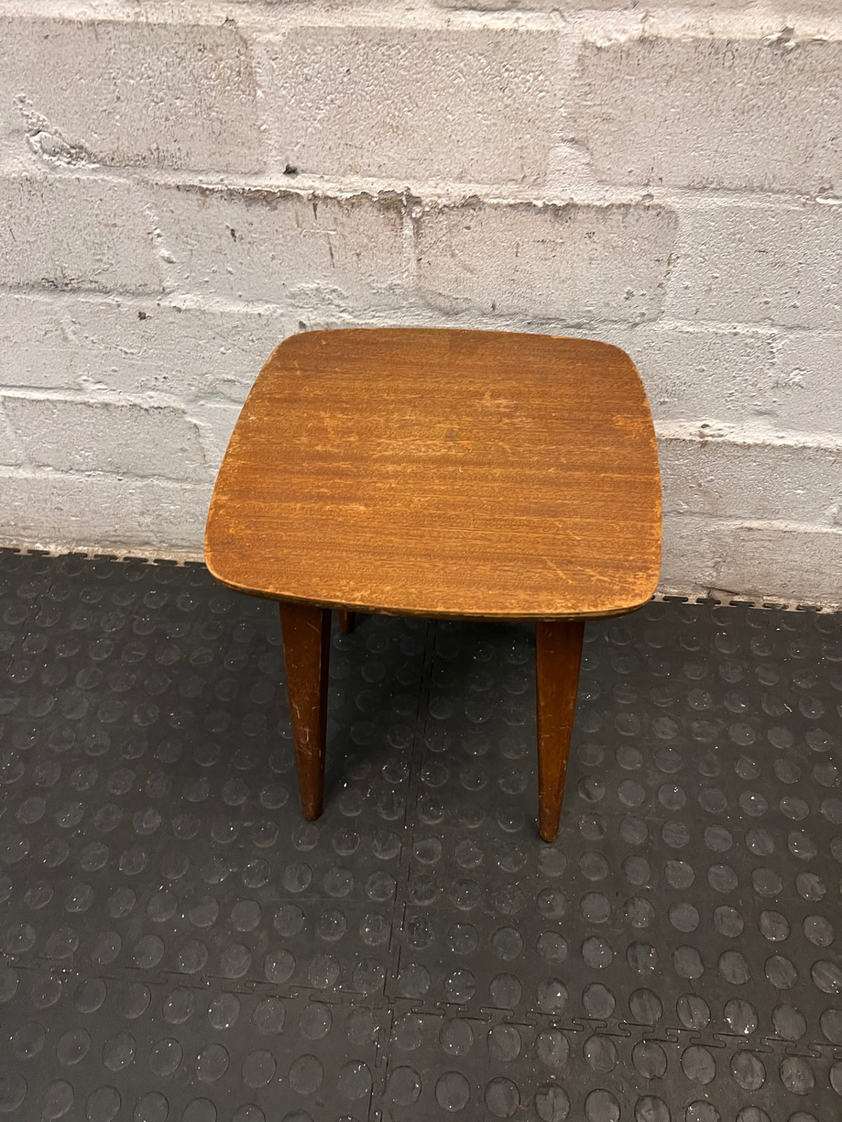 Vintage Tapered Leg Wooden Side Table — Visible Surface Wear and Scratches – side view