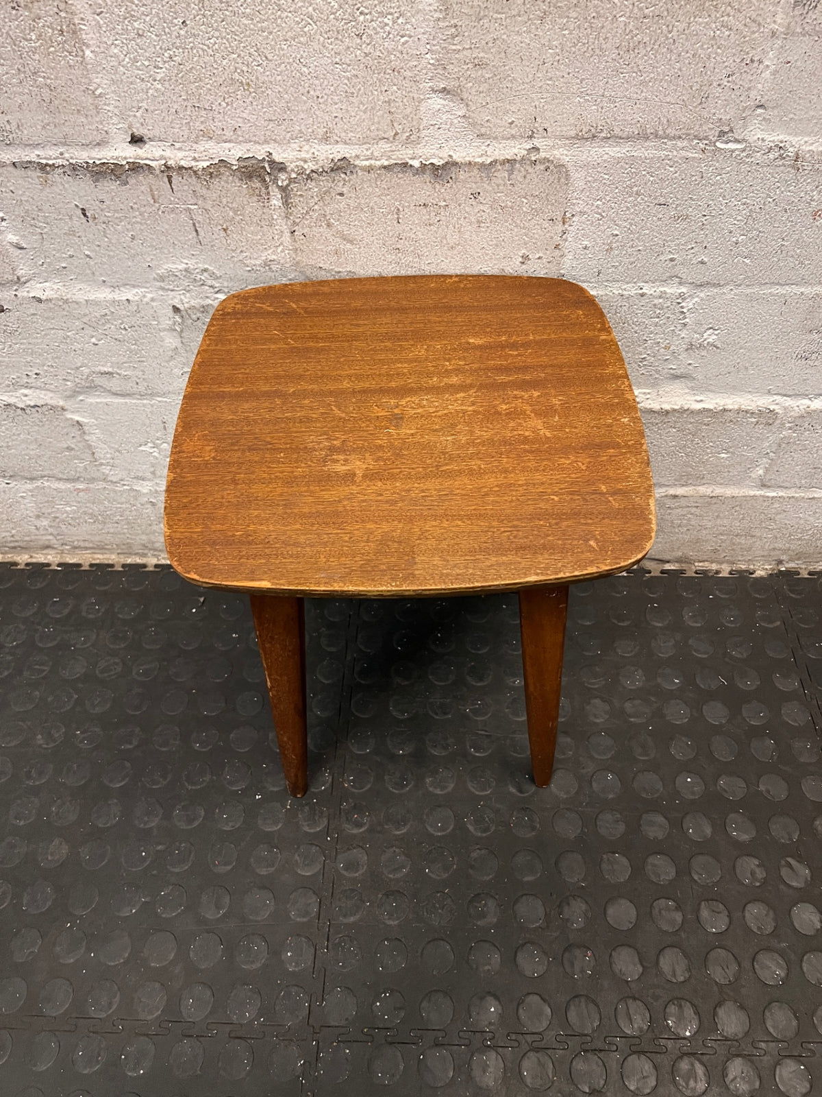 Vintage Tapered Leg Wooden Side Table — Visible Surface Wear and Scratches – top view