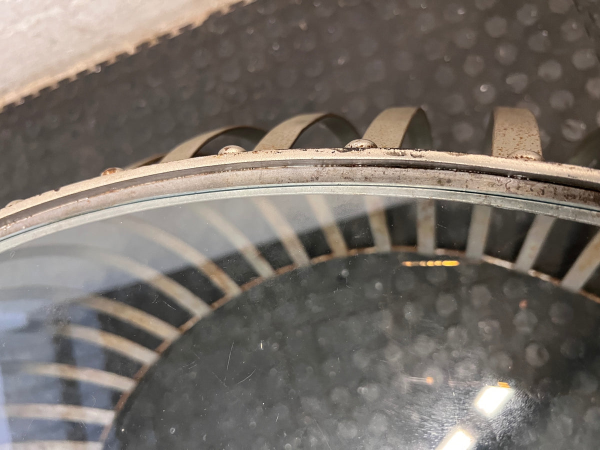 Round Industrial Metal and Glass Coffee Table — Fair Condition with Surface Wear – back view