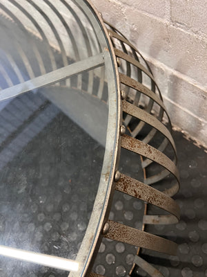 Round Industrial Metal and Glass Coffee Table — Fair Condition with Surface Wear – condition detail