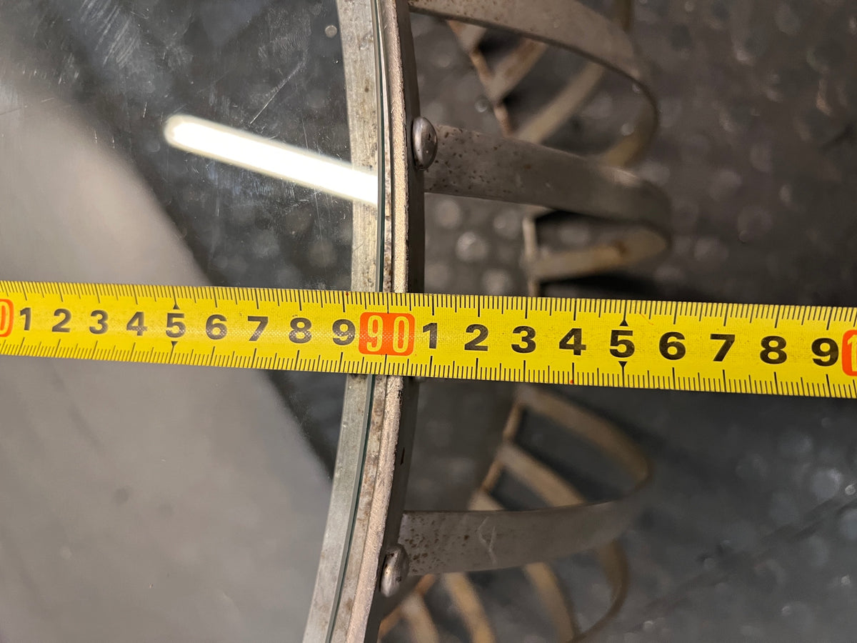Round Industrial Metal and Glass Coffee Table — Fair Condition with Surface Wear – depth measurement