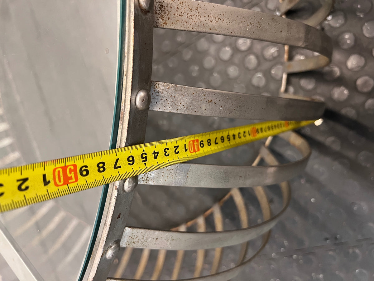 Round Industrial Metal and Glass Coffee Table — Fair Condition with Surface Wear – height measurement