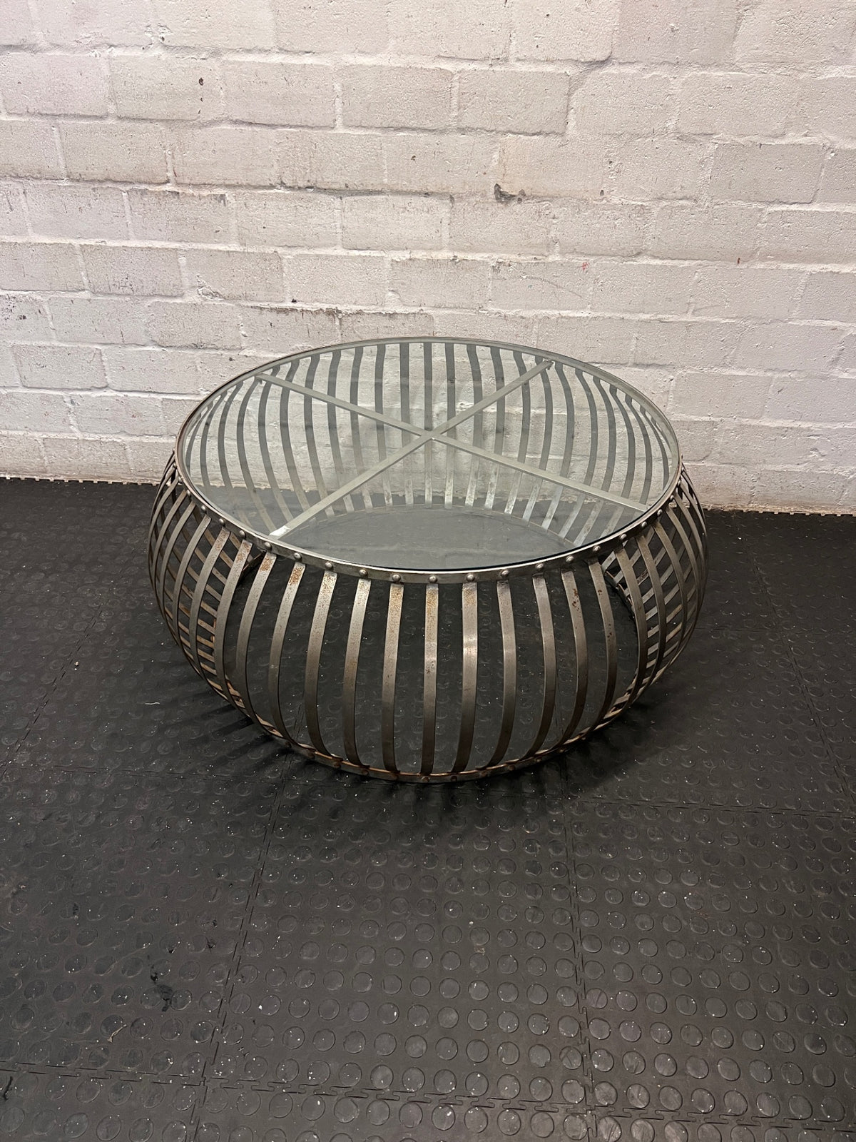 Round Industrial Metal and Glass Coffee Table — Fair Condition with Surface Wear – main front view