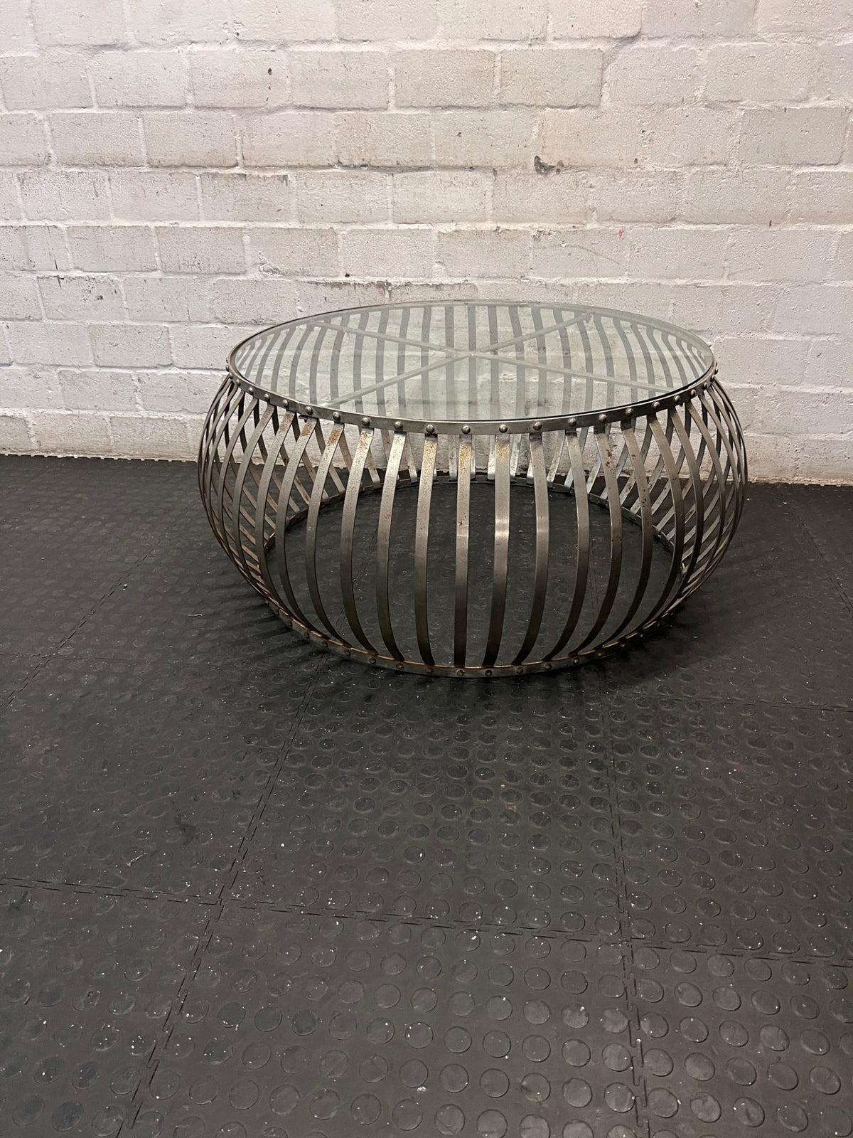 Round Industrial Metal and Glass Coffee Table — Fair Condition with Surface Wear – side view