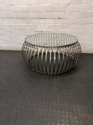Round Industrial Metal and Glass Coffee Table — Fair Condition with Surface Wear – side view