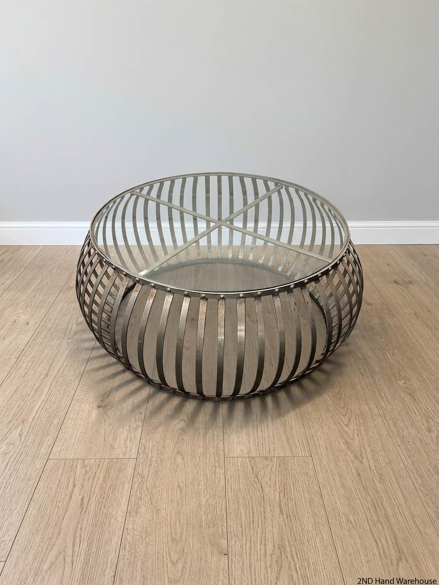 Round Industrial Metal and Glass Coffee Table — Fair Condition with Surface Wear – styled product image