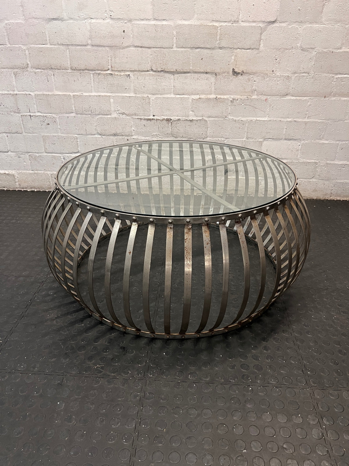 Round Industrial Metal and Glass Coffee Table — Fair Condition with Surface Wear – width measurement