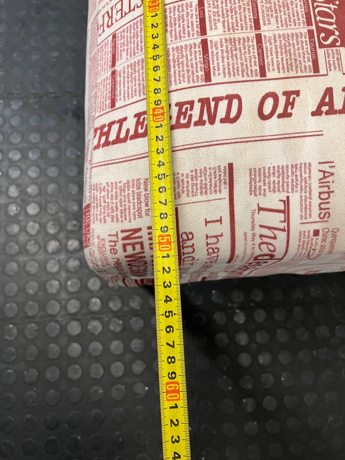 Newspaper Print Armless Accent Chair — Fair Used Condition – depth measurement